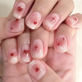 Valentines Press on Nails Short Square Glitter French Tip Fake Nails with Red Heart Star Designs Pink Ombre Full Cover Glue on Nails Valentine's Day Gradient False Nails for Women Girls 24 Pcs