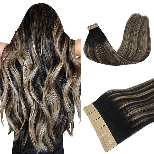 DOORES Real Hair Tape-In Extensions, Balayage Natural Black to Light Blonde, 50 cm (20 Inches), 50 g, 20 Pieces, Real Hair Tape Extensions, Blonde Remy Hair, Full Thick Ends Hairpiece for Invisible