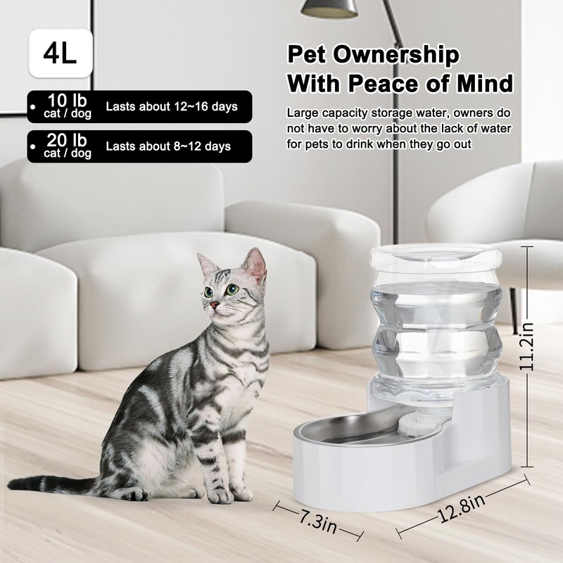 RIZZARI Pet Water Bowl Dispenser: 4L Automatic Stainless Steel Gravity