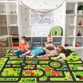 LUXLOOM Kids Carpet Playmat 8x10 Car Play Rug Large Kids Play Rug City Traffic Road Mat Low Pile Non Slip Fun Carpet for Kids Children Nursery Playroom Classroom Educational City Life Carpet Black
