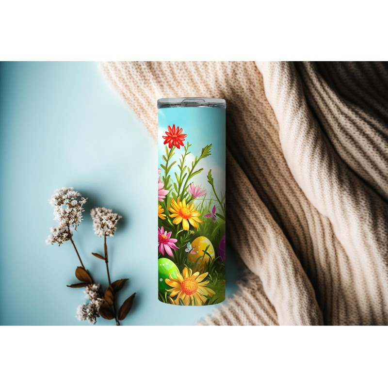 20oz Skinny Tumbler Easter Eggs In A Flower Garden -