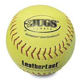 JUGS LeatherLast Softballs—1 Dozen. Regulation Size & Weight Leather Softball Designed specifically for Pitching Machines. Optic Yellow, Full-Grain Leather Cover. 1-Year Guarantee.