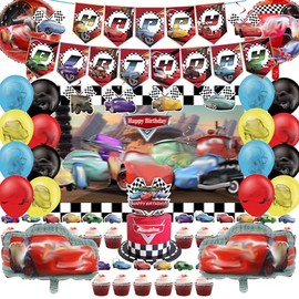 Cartoon Birthday Party Decorations - Happy Birthday Banner, Foil Balloons, Backdrop, Cupcake Toppers, Hanging Swirl for Theme Party Supplies