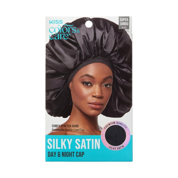 KISS Colors & Care Silky Satin Day & Night Black Cap - Jumbo Size Hair Bonnet For All Hair Types And Textures, Breathable, Comfortable Satin Fabric, Prevents Frizz & Hair Breakage, Friction & Dryness, Slip-Free Elastic Band