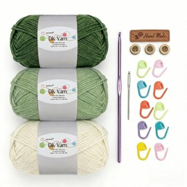 Crochet Yarn Kit, 3×50g 60% Cotton 40% Acrylic Combed Cotton Yarn with 3mm Hook & Accessories, DK Wool for Beginners Amigurumi Socks Blankets (Green-3)