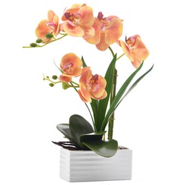 FuleHouzz Artificial Real Touch Orchid Flowers in Pot Fake Phalaenopsis Flower with White Ceramic Vase Faux Orchids Arrangement for Home Table Office Wedding Party Decoration (Orange)