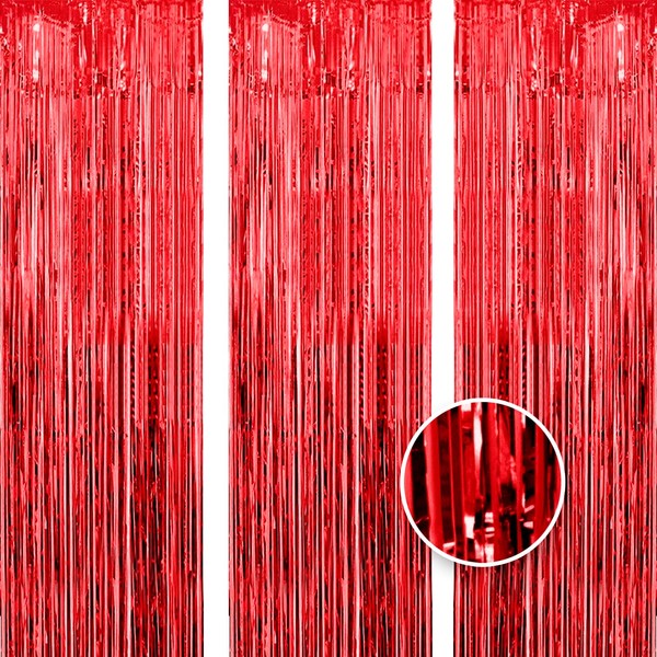 OWill 3pcs 3ft X 8.3ft Red Metallic Tinsel Curtains Aluminum