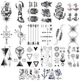 Oumino 20 Pcs Tattoo Stickers Lighthouse Nautical Indian Body Stickers Waterproof Easy to Apply Cool Long Lasting Cool Tattoo Stickers