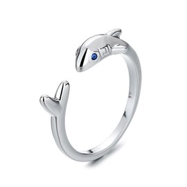 Cute Shark Open Rings Sea Animal Fish Blue Cubic Zirconia Eye for Women Girls Teens Sterling Silver Plated Expandable Adjustable Wrap Stackable Finger Knuckle Ring Fashion Jewelry Gifts Bff