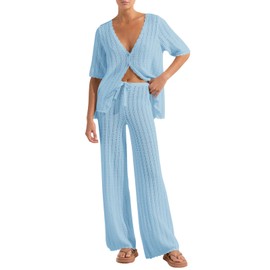 Imily Bela Women's Summer 2 Piece Swimsuit Cover up Crochet Knit Cardigan Tops Long Pants Set Bathing Suit Beach Outfit Light Blue