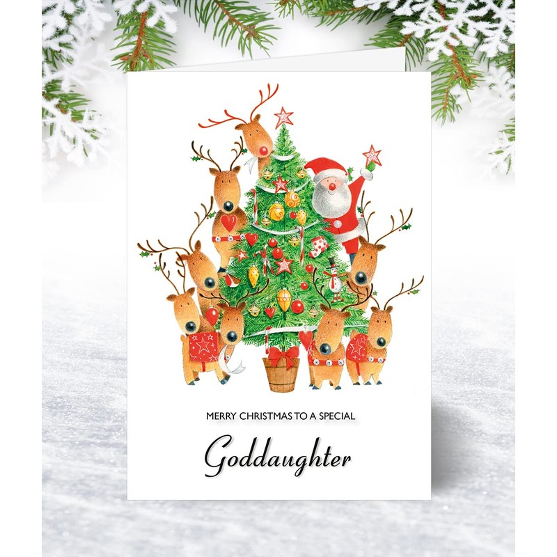 Goddaughter Christmas Card - Decorating the Tree - Medium Sized