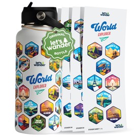 LET'S WANDER World Explorer Adventure Water Bottle with 50 Waterproof Stickers - 32oz Leakproof Insulated Stainless Steel with Straw - Travel Goal Gift Bottle (White)