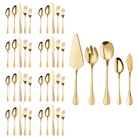Gold Silverware Flatware Set, HF HOFTEN 45-Piece Stainless Steel Durable Cutlery Serving Set, Service for 8, Modern Elegant Design for Home/Hotel/Restaurant, Mirror Polished & Dishwasher Safe