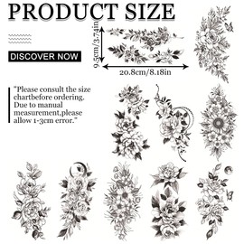 Flower Tattoo Stickers, 10 Large Temporary 3D Flower Tattoos Black Floral Large Sexy Female Butterfly Flower Tattoo on Belly