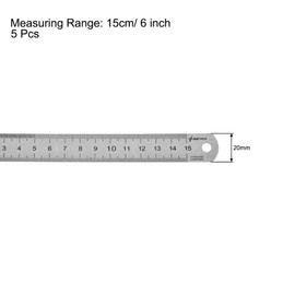 Straight Ruler 15cm 6 Inch Metric Stainless Steel Measuring Tool with Hanging Hole 5pcs
