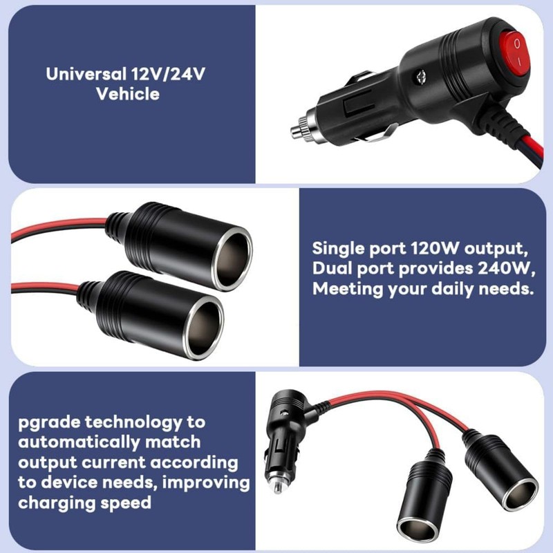 スイッチ付き2WAY車用シガーライターソケットスプリッター、DC12V-24Vチャージャーアダプター