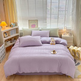 Seersucker Duvet Cover Set Double Size Beddding Set with Pillowcases for Teens Adults Soft Microfiber Polyester Seersucker Bedding, Purple, 200x200cm