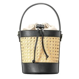 Yafirgeer Woven Rattan Bag for Women Perforated PU Leather Bucket Bag Summer Top-handle Drawstring Handbag Purses