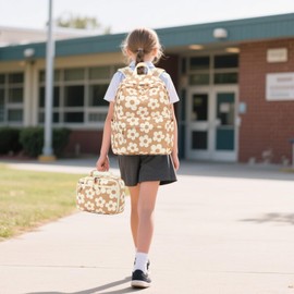 LEDAOU Kids School Backpack with Lunch Box for Boy Girl Toddler BookBag School Bag Preschool Kindergarten Backpack (Flower Brown)