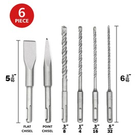 Axelord 6Pcs SDS Plus Rotary Hammer Drill Bit Set,Concrete Drill Bit Kit with Point Chisel,Flat Chisel,Cross Type Double Thread Carbide Material for Concrete,Stone,Brick,5/32 3/16 1/4 3/8"