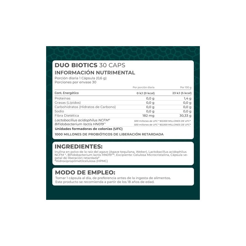 PRONAT Probióticos Duo Biotics, Suplemento Alimenticio, con Prebióticos, 30 Cápsulas