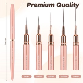 5PCS Nail Art Brushes Set with Pink Leather Case，【Metallic Material】 【Various Size】 【Light Weight】Nail Brush， Nail Brushes for Nail Art，Size：5mm,8mm,12mm,20mm,25mm,Champagne