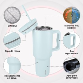 Vaso de 40 oz con Asa y Pajita Vaso de Acero Inoxidable con Aislamiento al Vacío Taza de Té o Café Helado para Bebidas Frías o Calientes Vaso de 40 oz con Asa (Azul cielo)