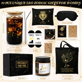 WOFIROY 13 Pcs Leo Gifts for Women, Astrology Gift Set with 16 Oz Glass Cup, Tote Bag, Makeup Bag, Socks, Candle, 3 Necklaces, Bracelet, Keychain, Birthday Gifts for Female Friends, Bestie, Sister