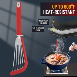Maywe Tanso Fish Spatula,600℉ Heat Resistant Silicone Fish Spatula with Basting Brush,for Nonstick Cookware,Flexible Slotted Fish Turner Spatula,BPA Free,Dishwasher Safe(Red)