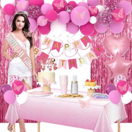 Pink Birthday Decorations for Women, Pink Party Decorations with Happy Birthday Banner, Balloons, Fringe Curtain, Sash, and Tablecloth for Girls Birthday Party