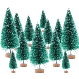 12 Pcs Artificial Christmas Tree, Mini Christmas Tree Mini Sisal Snow Frost Trees with Wood Base Artificial Snow Frost Trees Miniature Table Decoration Mini Pine Tree Mini Sisal Christmas Trees 4 Size