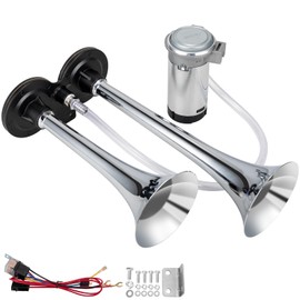 AOLIHAN Train Horns Kit for Trucks, Super Loud 12V 150db Car Air Horn Kit, Truck Horn Chrome Zinc Dual Trumpet with Compressor for Any 12V Vehicles(silver double tube horn with wire, 12v)
