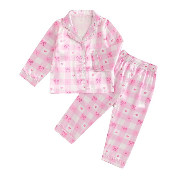 Geagodelia Toddler Kids Girls Satin Pajamas Outfits Long Sleeve Bow/Heart/Floral