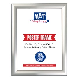 M&T Displays Silver 8.5x11 Poster Frame 1 inch Aluminum Profile Front Loading Wall Mounting Snap Frame Display for Picture, Document or Certificate with Mitred Corner