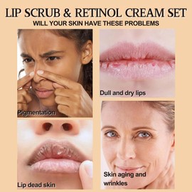 Lemon-Turmeric Lip Scrub Exfoliator & Retinol Face Moisturizer for Women/Men Set - Anti-Aging Neck Cream + Organic Lip Scrub - Collagen Retinol Cream Kit for Dark Lips, Wrinkles & Dry Skin (50g+80g)