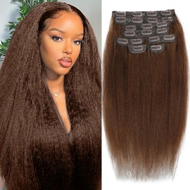 Brown Yaki Straight Clip ins for Black Women Full Head unprocessed Brazilian Remy Human Hair Extensions 22 Inch Seamless Clip ins Human Hair with 20Clips Double Weft 100g Natural Black