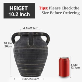 Handmade Flower Vase, 10.2" Rustic Terracotta Vase with 4 Handles, Vintage Ceramic Flower Vase, Matte Black Ear Pot for Entryway, Table, Shelf, Living Room, Fireplace, Home Decor