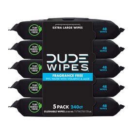 DUDE Wipes - Flushable Wipes - 5 Pack, 240 Count - Unscented - Extra-Large - Vitamin-E & Aloe - Septic and Sewer Safe