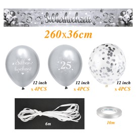 Silver Wedding Decoration Banner 270 x 35 cm 25th Wedding Anniversary Party Banner Polyester and 12 Pieces Latex Balloons (12 Inches) Hanging Decoration for Silver Wedding 25th Anniversary 25th