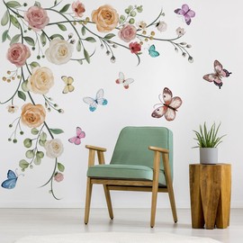 Runtoo Hanging Flower Vine Wall Art Stickers Peony Floral Butterfly Wall Decals for Girls Bedroom Living Room TV Background Home Decor