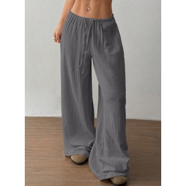 Acelitt Women’s Wide Leg Palazzo Pants Drawstring Elastic Waist Casual Loose Lounge Pants Beach Trousers Teacher Outfits for Women Gray Small