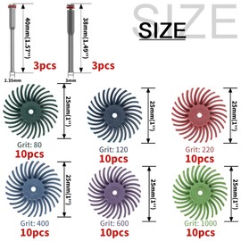 Baisiky 66Pcs 1 Inch Radial Bristle Disc Kit with 1/8" Shank for Rotary Tools,Detail Abrasive Brush for Jewelry Wood Metal Polishing, Bristle Wheel with Grit 80-1000