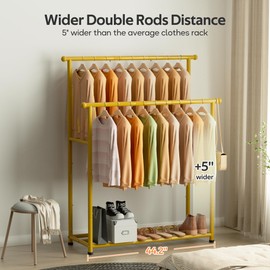 MISSLO Double Rods Garment Rack Heavy Duty Clothing Rack for Hanging Clothes Portable Clothes Organizer for Bedroom, Living Room, Clothing Store (Gold)