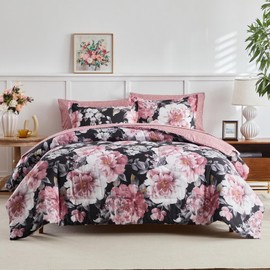 Joyreap 7 Piece Bed in a Bag King, Floral Comforter Sheet Set, Tie-dye Pink Flowers on Black Design, All Season Microfiber Bedding Comforter Set