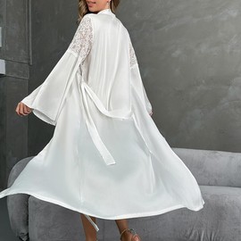 WADAYUYU Robes for Women Long Bride Robe White Satin Long Sleeve Spa Dressing Gown Bathrobe Bridal Nightwear, White 07, Small-Medium