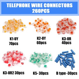 aikoolwer Phone Wire Butt Telephone Splice Connectors 260PCS Data Phone Wire Butt Splice Ports UY/UR/UB/K5/B Data Wire Terminal Crimp kit Waterproof Gel Splice with Crimping Tool