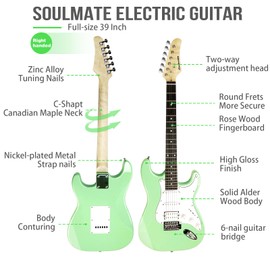 Soulmate Electric Guitar Kit 39" Beginner Electric Guitar Solid Body Full Size HSS Pick Up for Starter, with Amplifier, Bag, Capo, Strap, String,Cable, Picks, Green