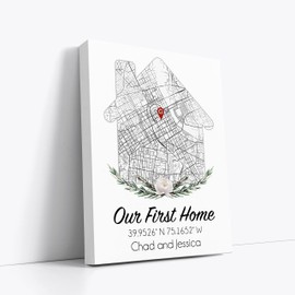 OC Canvas Studio Custom home map canvas print, House address coordinates map print, Housewarming gift, First home buyer gift sku-home