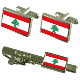 Lebanon Flag Cufflinks Engraved Tie Clip Matching Same Fabric Box Set