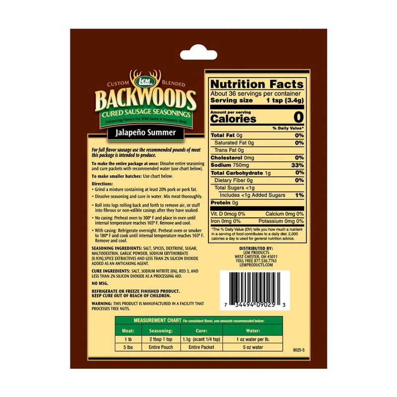 LEM Backwoods Cured Sausage Seasoning with Cure Packet, Jalapeno Summer